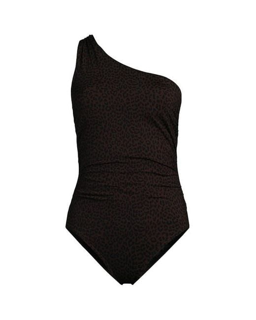 Lands' End Black Chlorine Resistant Shirred One Shoulder One Piece Swimsuit Removable Adjustable Strap