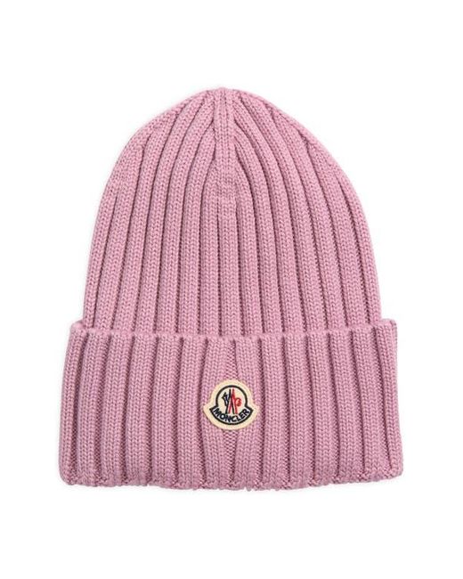Moncler Pink Logo Patch Rib Wool Beanie
