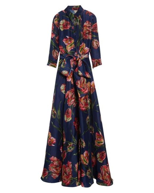 Carolina Herrera Blue Tulip Print Silk Gazar Trench Gown