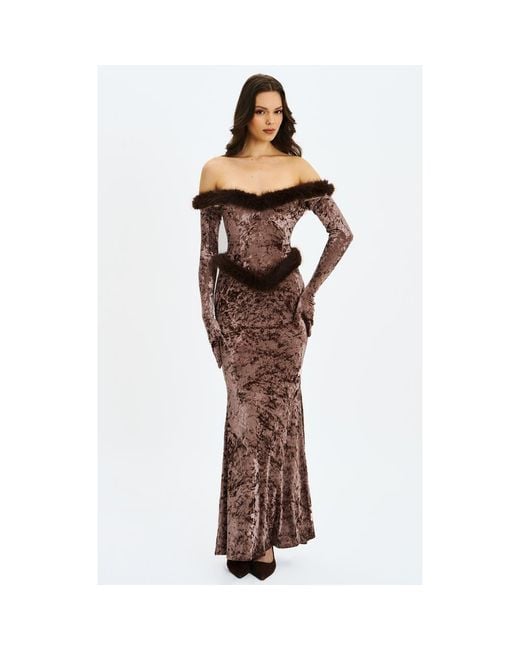 Miss Circle Women's Brown Tessa Sweetheart Bardot Faux Fur Velvet Mermaid  Maxi Dress