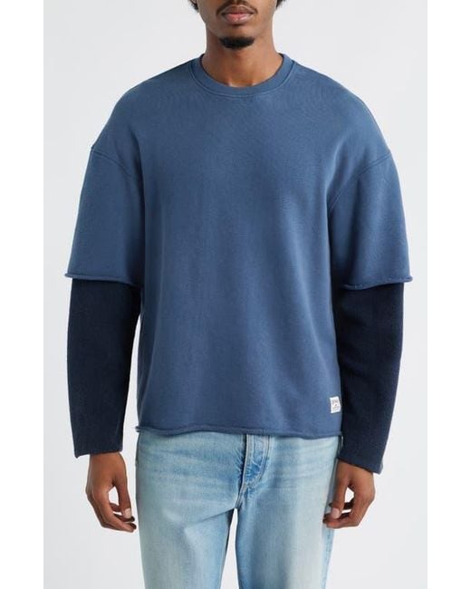 BDG Blue Oversize Layered Sleeve Cotton Crewneck Sweatshirt for men