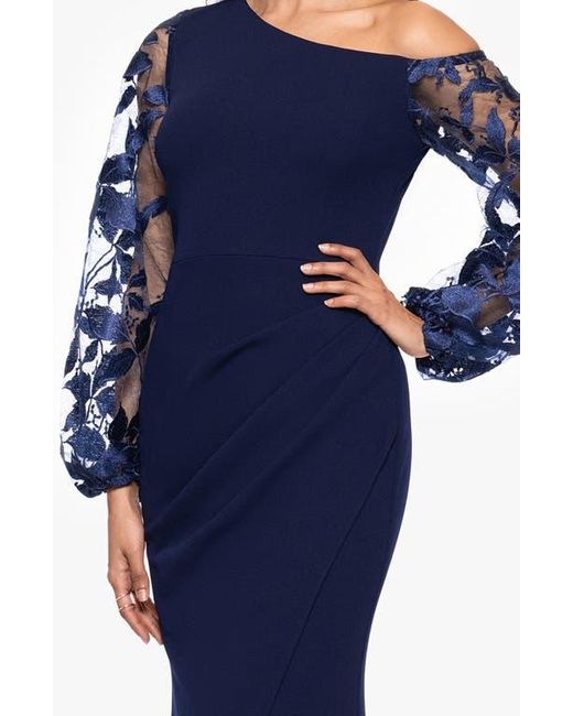 Betsy & Adam Blue One Shoulder Sheer Embroidered Long Sleeve Sheath Gown