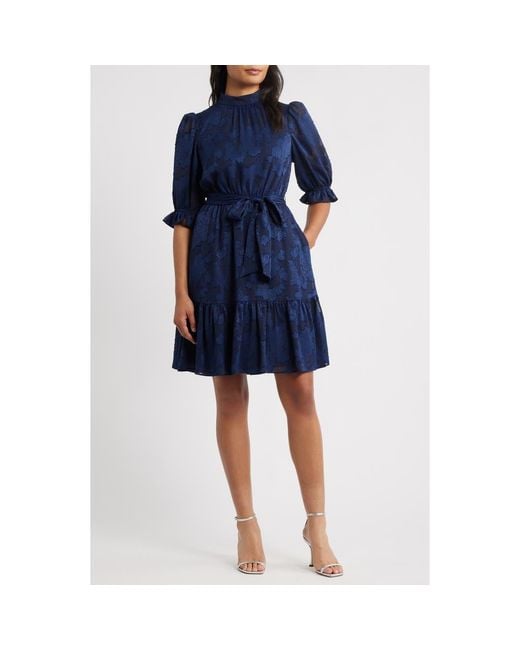 eliza j metallic floral jacquard cocktail dress Eliza J Floral Jacquard Metallic Stripe Chiffon Dress in Blue