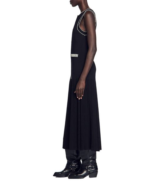 Sandro Blue Naima Imitation Pearl Button Front Sleeveless Midi Dress