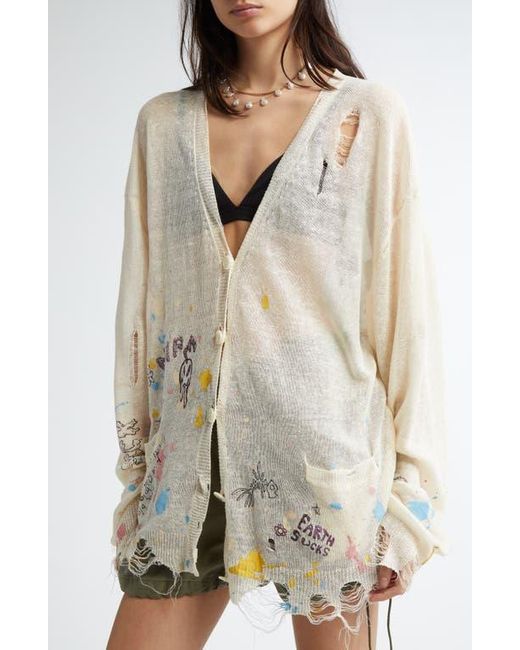 R13 Multicolor Distressed Oversize Scribble Print Boyfriend Cardigan