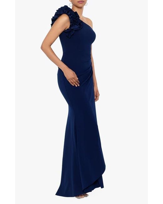 Xscape Evenings Blue Ruffle One-Shoulder Scuba Crepe Gown