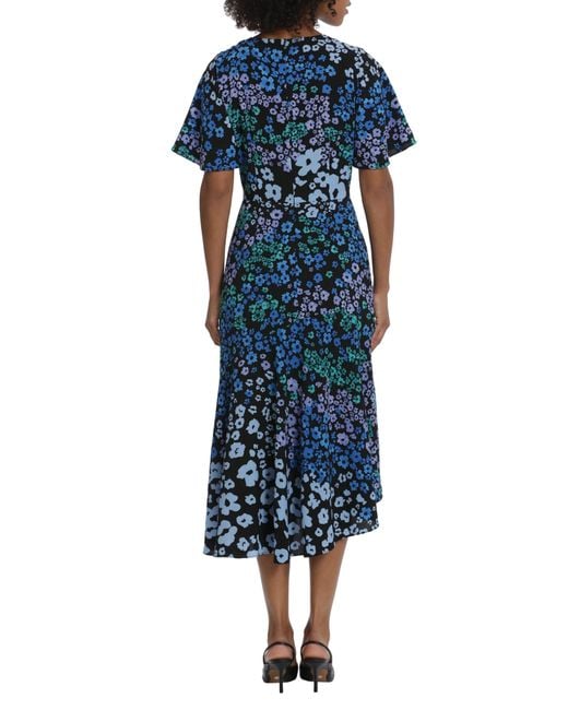 Maggy London Blue Floral Flutter Sleeve Midi Dress