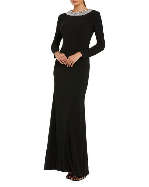 Mac Duggal Black Jersey Long Sleeve Fitted Gown With Beaded Neck