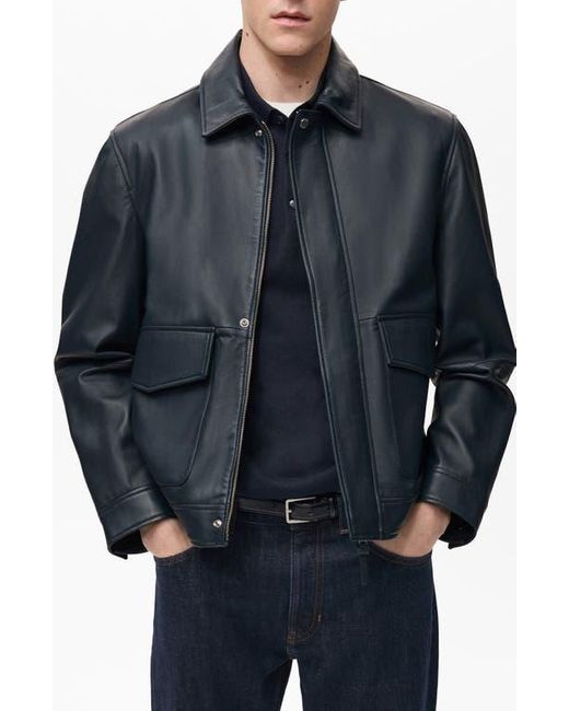 Mango Blue Leather Jacket With Pockets for men