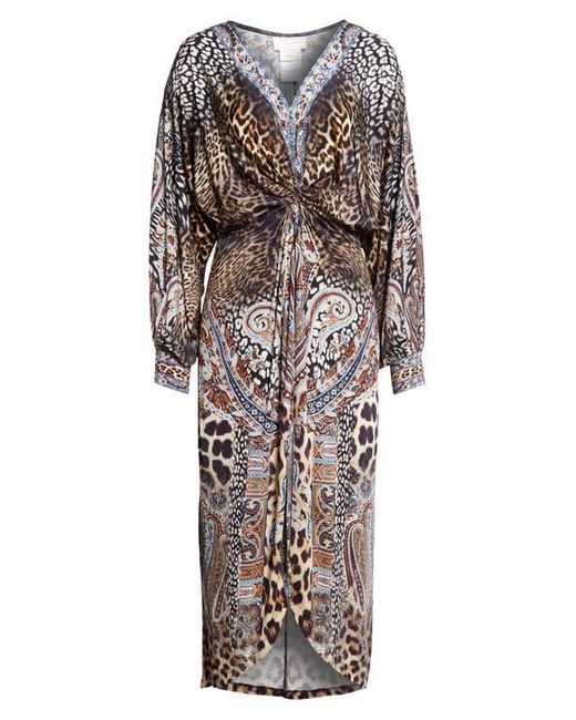 Camilla Multicolor Twist Front Long Sleeve Jersey Midi Dress