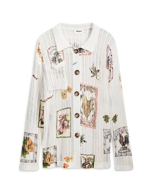 Desigual White Garden Print Open Stitch Cardigan