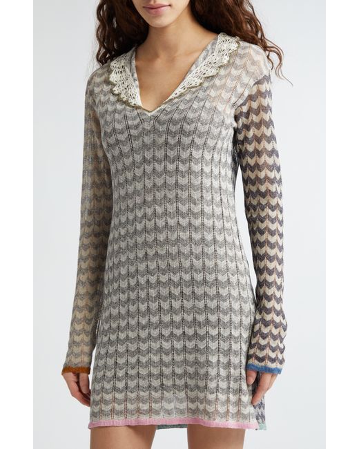 YANYAN Gray Tong Chevron Knit Long Sleeve Linen Blend Mini Sweater Dress