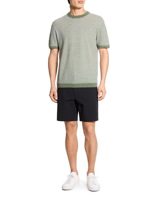 Theory Green Stripe Short Sleeve Linen & Cotton Blend Crewneck Sweater for men