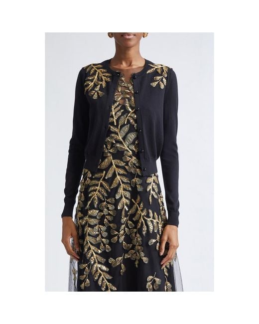 Carolina Herrera Black Leaf Embroidered Silk & Cotton Cardigan