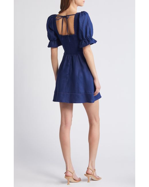 Reformation Blue Evianna Puff Sleeve Linen Dress