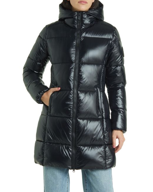 Save The Duck Black Ines Water Repellent Hooded Quilted Longline Coat