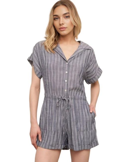 Knit & Lounge Gray Striped Button Front Drawstring Waist Short Sleeve Cuffed Hem Romper