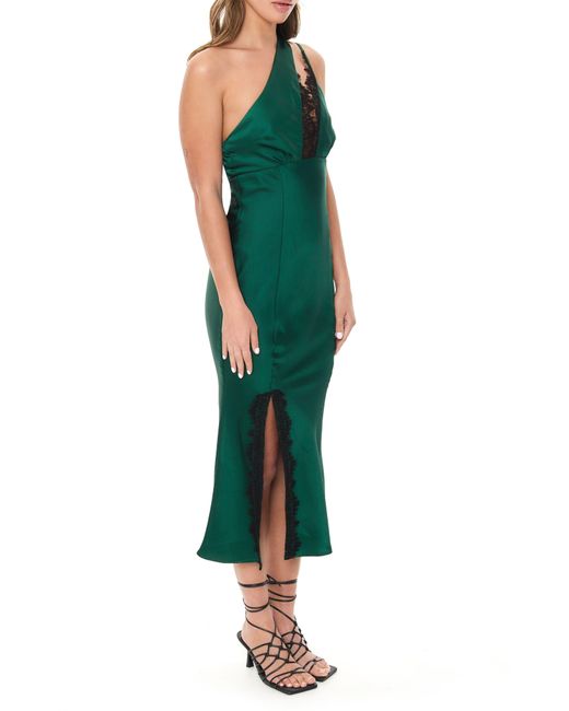 Rare London Green Lace Trim One-shoulder Satin Cocktail Dress