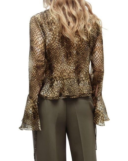 Mango Brown Print Ruffle Cuff Top