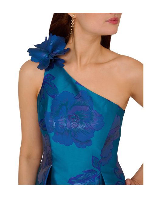Adrianna Papell Blue Floral Jacquard One-shoulder Gown