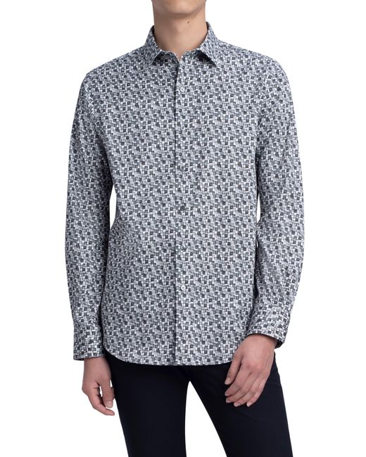 Bugatchi Gray Shaped Fit Geo Print Stretch Cotton Button-up Shirt for men