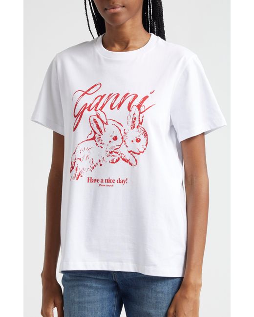 Ganni White Kitty Organic Cotton Graphic T-shirt