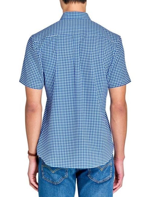 Con.struct Blue Slim Fit Mini Check Recycled 4-Way Stretch Performance Short Sleeve Shirt for men