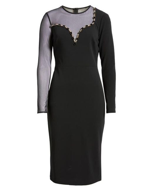 Vince Camuto Black Long Sleeve Beaded Crepe Midi Dress