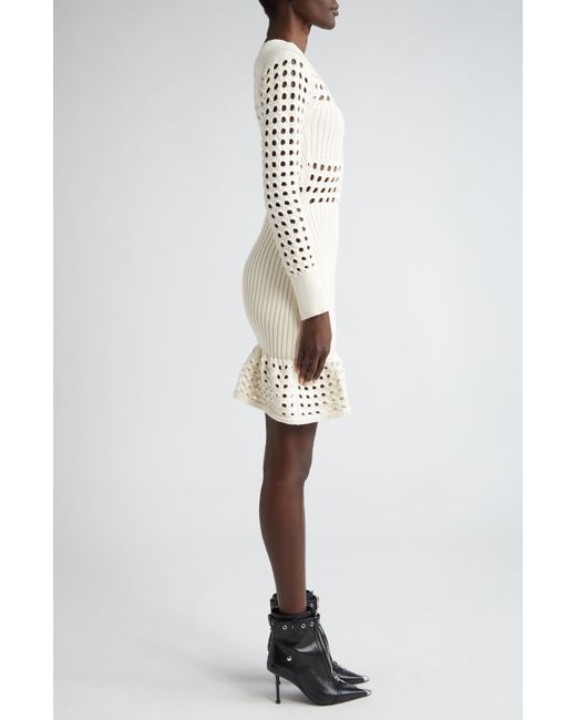 Alexander McQueen White Long Sleeve 3d Mesh Mini Sweater Dress