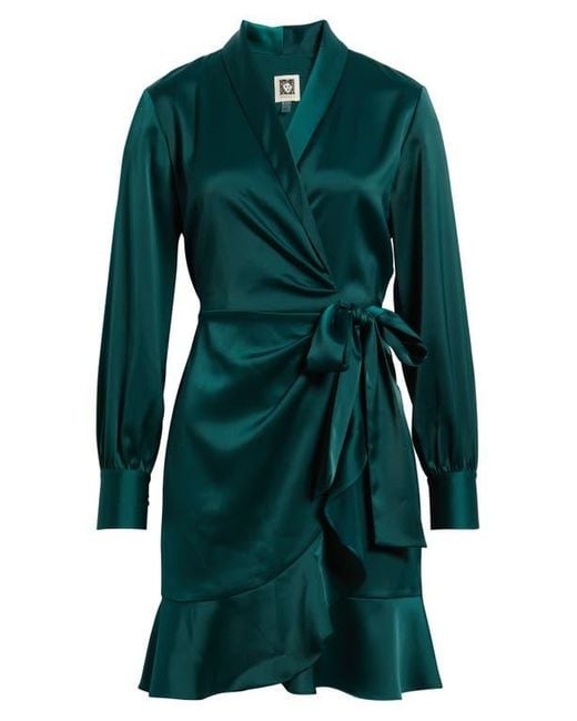 Anne Klein Green Long Sleeve Ruffle Hem Faux Wrap Minidress