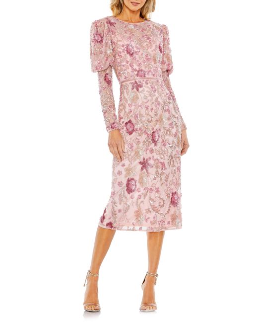 Mac Duggal Pink Beaded Floral Long Sleeve Sheath Cocktail Dress