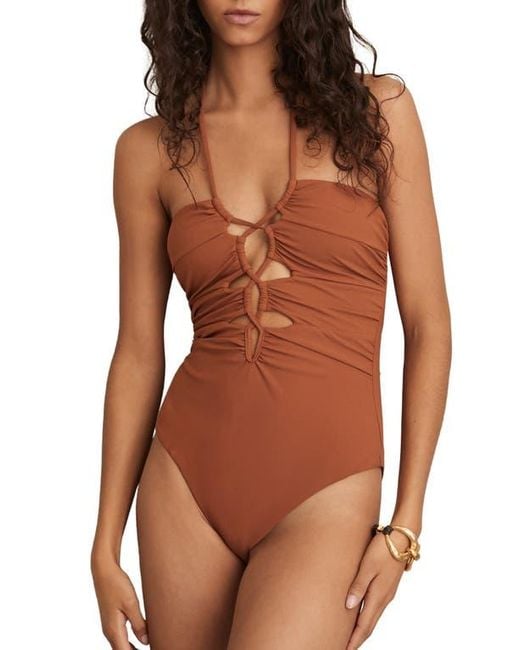 Reiss Rosella Cutout Lace-Up One-Piece Swimsuit in Brown | Lyst