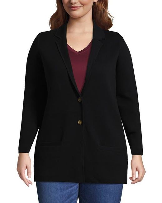 Lands' End Black Plus Size Fine Gauge Cotton Button Front Blazer Sweater