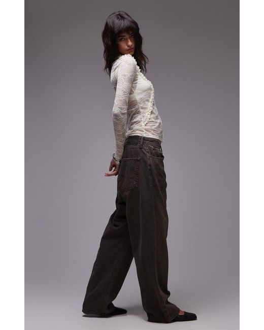 TOPSHOP Gray Lace Ruffle Front Long Sleeve Top