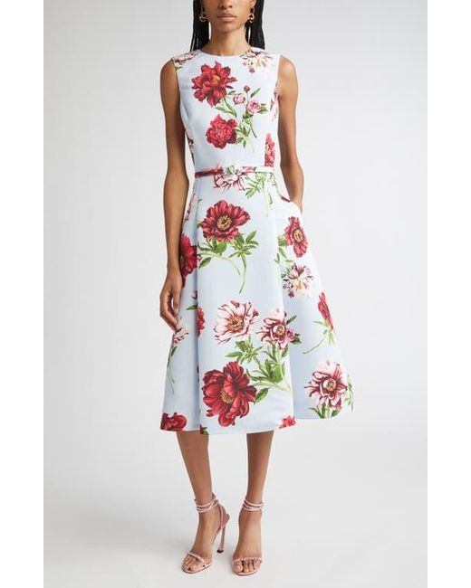 Oscar de la Renta White Peony Print Sleeveless Faille Fit & Flare Dress