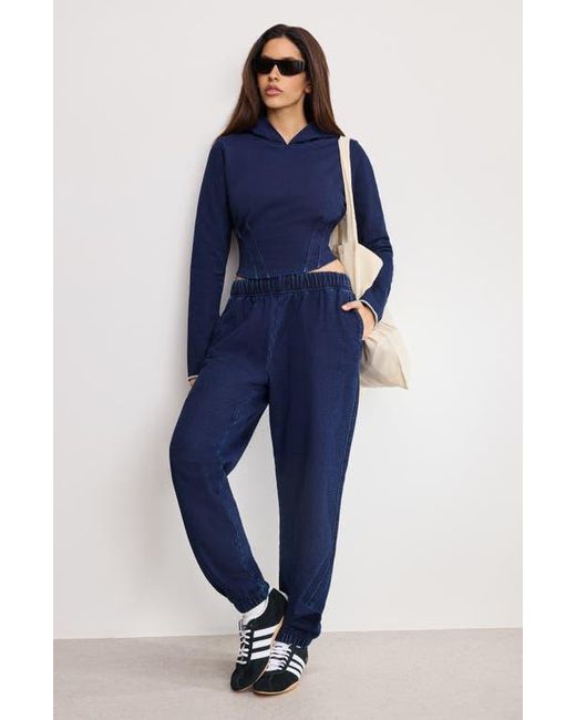 GOOD AMERICAN Blue Jeanius Crop Corset French Terry Hoodie