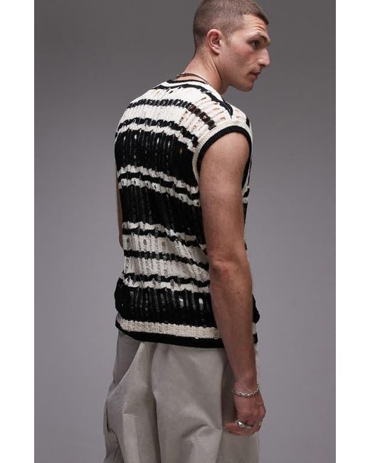 Topman Gray Distressed Stripe Crewneck Sweater Vest for men