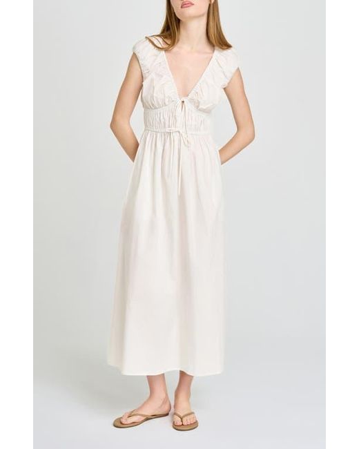 Wayf White Liv Ruched Stretch Cotton Poplin Midi Dress