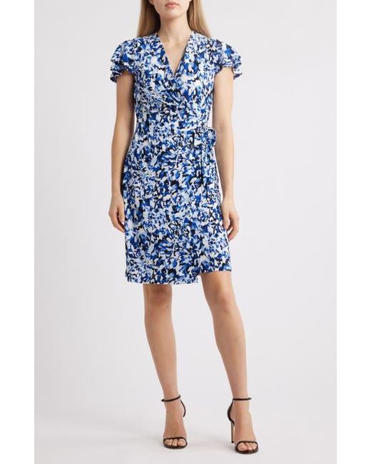 Anne Klein Blue Abstract Print Flutter Sleeve Wrap Dress