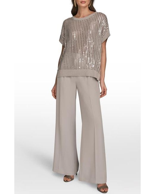 Donna Karan Gray Sequin Open Stitch Short Sleeve Sweater