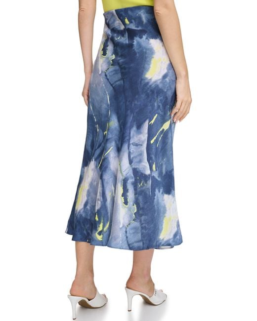 DKNY Blue Printed Satin Midi Skirt