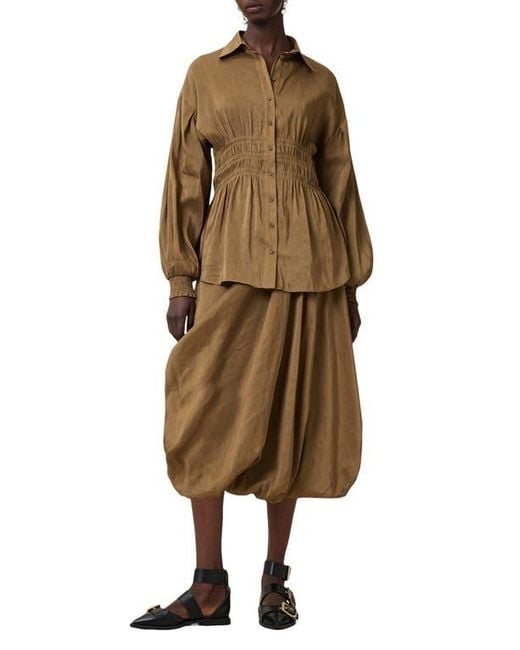 AllSaints Brown Staci Smock Waist Linen & Silk Button-Up Shirt