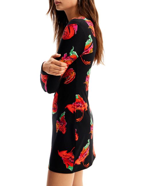 Desigual Red Floral Ribbed Minidress