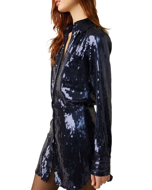 Free People Blue Sophie Sequin Long Sleeve Shirtdress