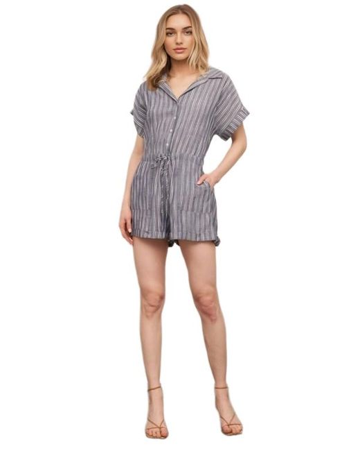Knit & Lounge Gray Striped Button Front Drawstring Waist Short Sleeve Cuffed Hem Romper