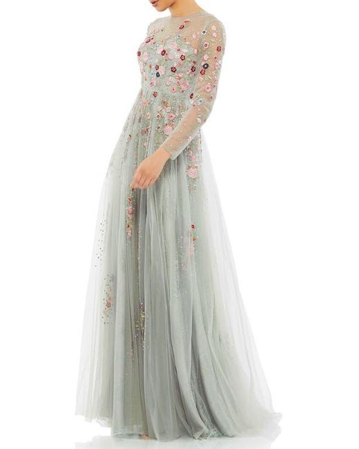 Mac Duggal White Embroidered Illusion High Neck Long Sleeve A Line Gown