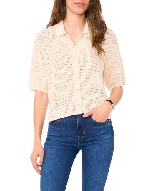 Halogen® Blue Open Stitch Button-Up Polo Sweater
