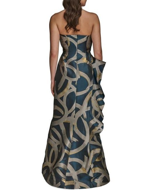 Donna Karan Green Ruffle Strapless Metallic Jacquard Trumpet Gown
