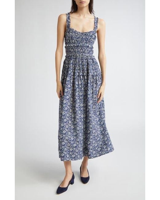 Doen Blue Marianne Floral Print Smocked Maxi Dress