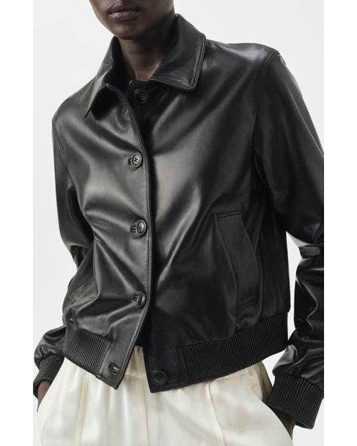 Mango Black Selection Leather Bomber Jacket